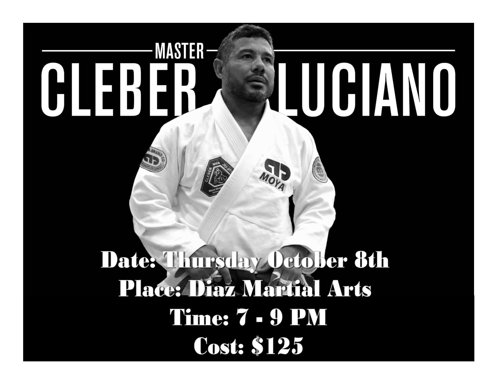 Black and white portrait of Master Cleber Luciano standing in a white gi, his name in tall capitals across the top.