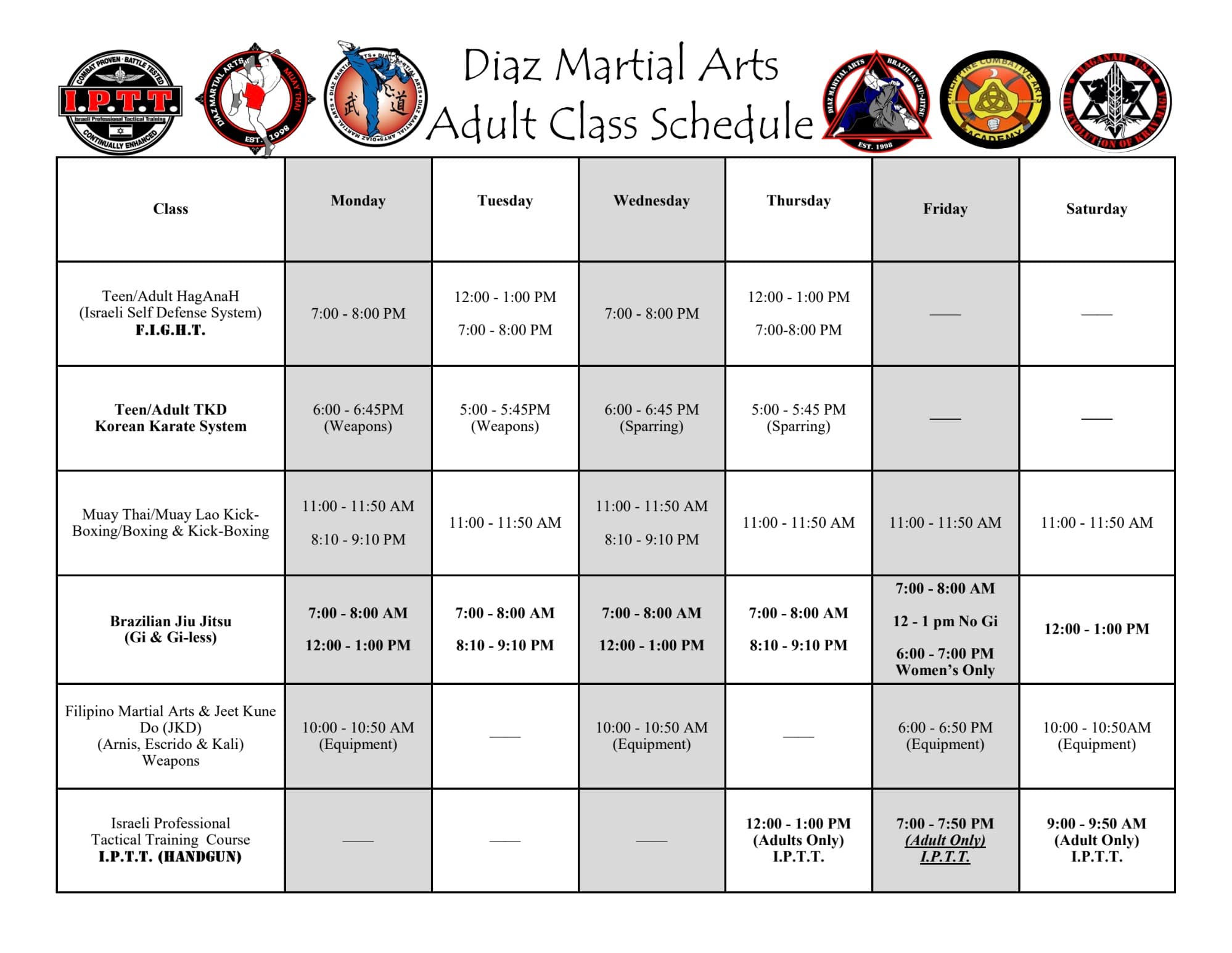 Diaz Martial Arts July 2026 adult class schedule