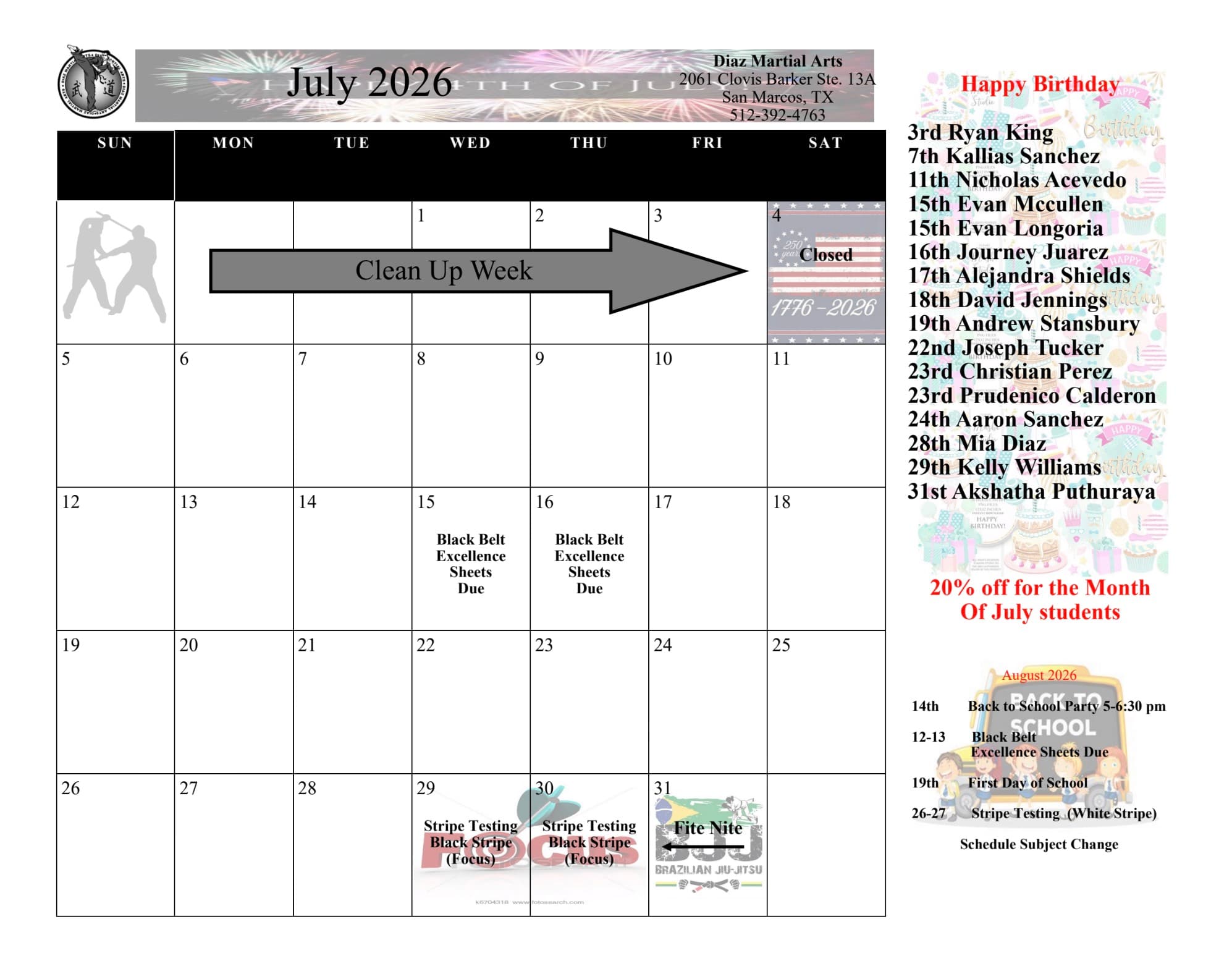 Diaz Martial Arts July 2026 events calendar