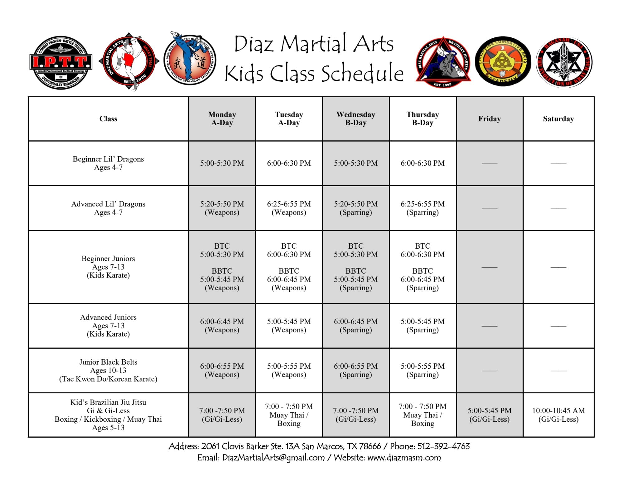 Diaz Martial Arts July 2026 kids class schedule
