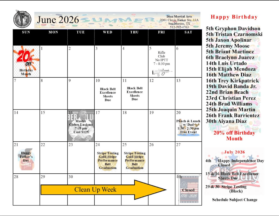 Diaz Martial Arts June 2026 events calendar