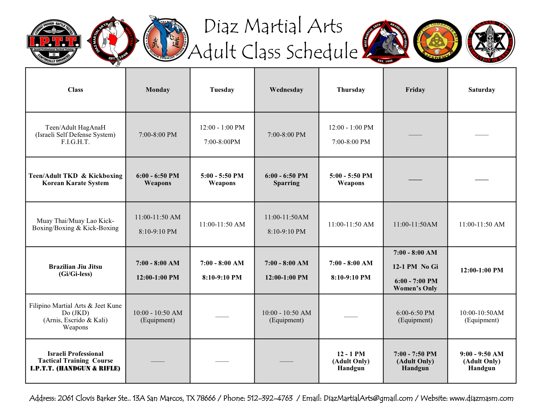 Diaz Martial Arts adult class schedule