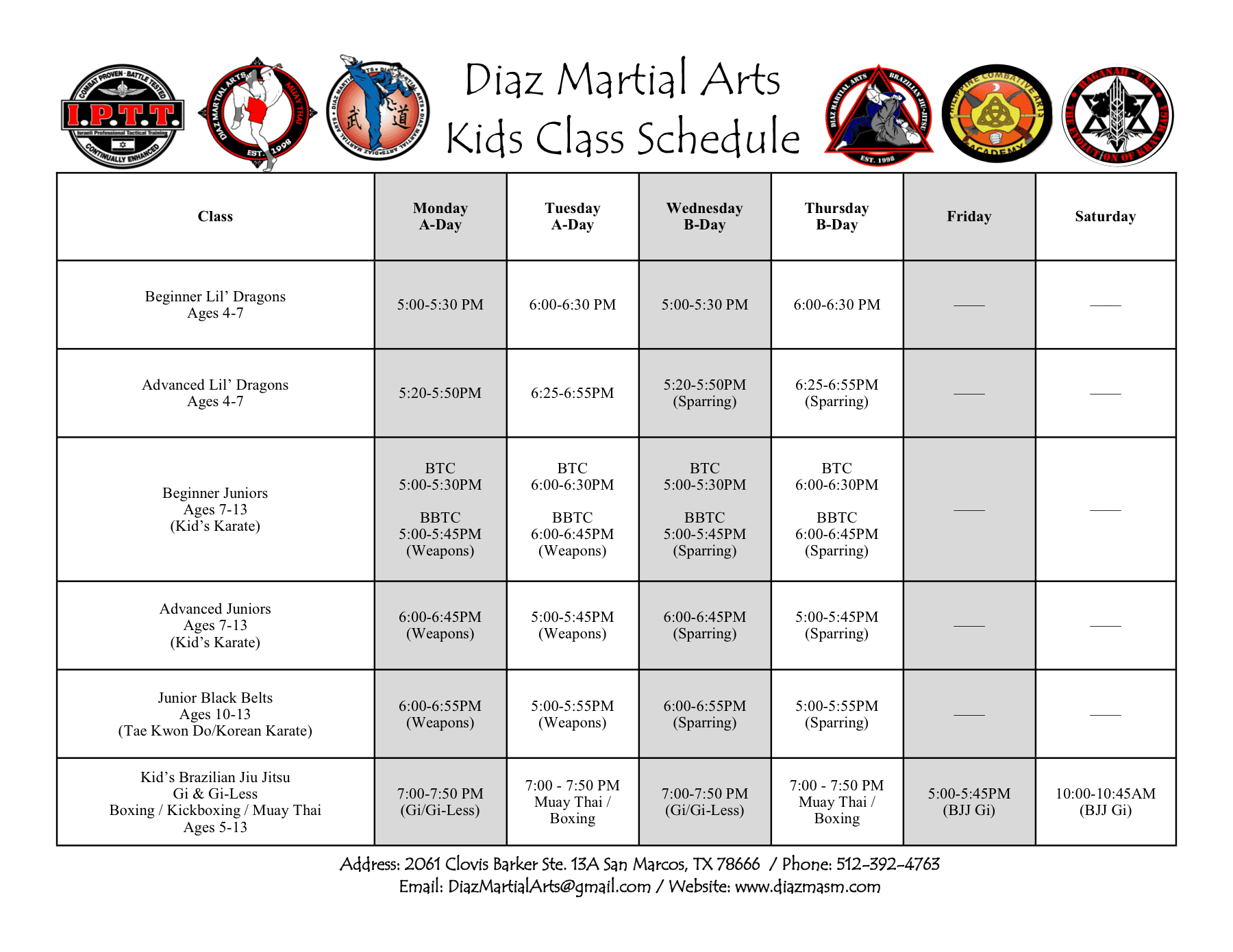 Diaz Martial Arts kids class schedule